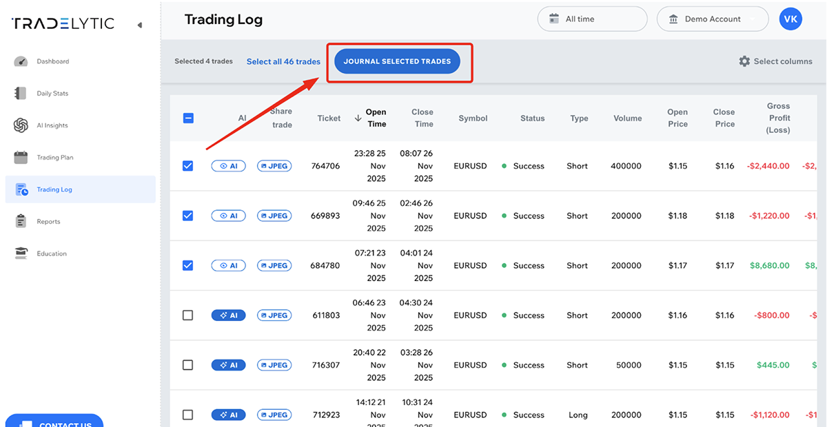 Bulk actions in Trading Log