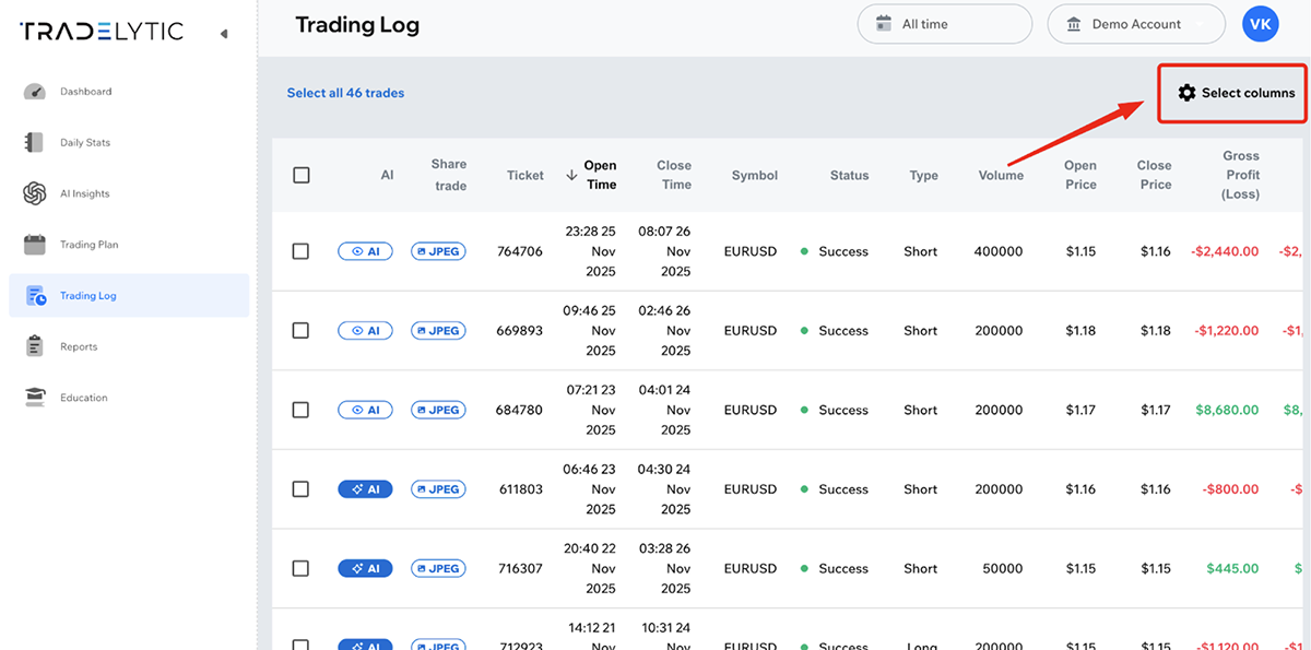 Select Columns button in Trading Log