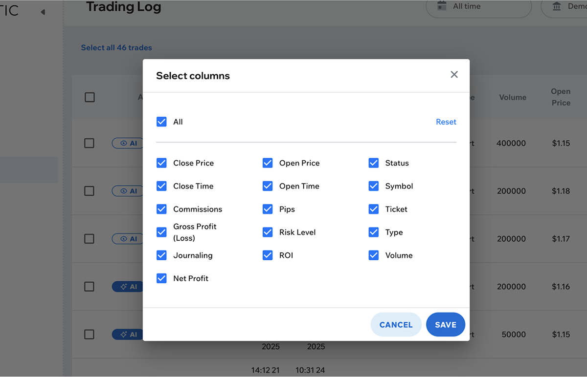 Trading Log column selection menu